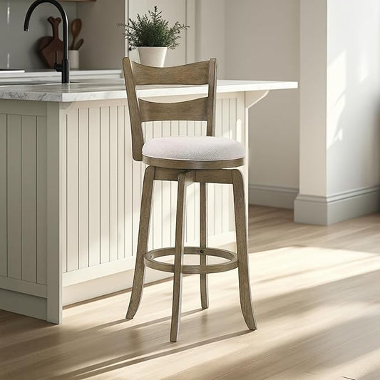 Armen Living Blair 26 in. Putty Brown Counter Height Rubberwood Swivel Barstool with Cream Fabric Seat - Set of 3