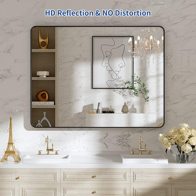 WEER Black Bathroom Mirror, 40X30 Inch Rectangular Black Metal Framed for Wall, Farmhouse Bathroom Vanity Mirror with Tempered Glass, Rounded Corner, Anti-Rust (Horizontal/Vertical)