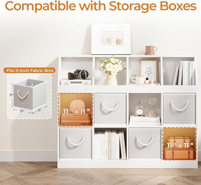 12-Cube Wooden Storage Bookcase - 11-Inch Open Shelf Cabinet, Simple Modern Bookshelf Organizer for Home Office, Living Room, White