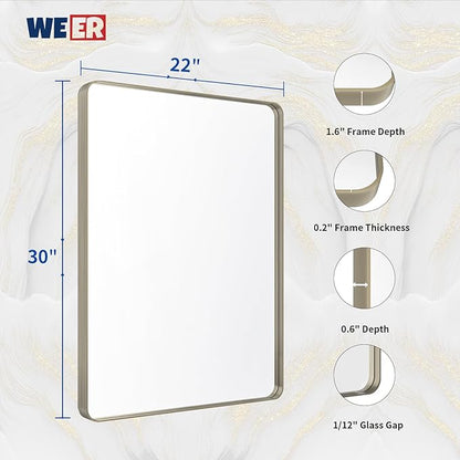 WEER 22X30 Inch Brushed Nickel Bathroom Mirror, Brushed Silver Metal Frame Mirror, Rounded Rectangle Silver Bathroom Vanity Mirror, Tempered Glass, Anti-Rust, Hangs Horizontally or Vertically