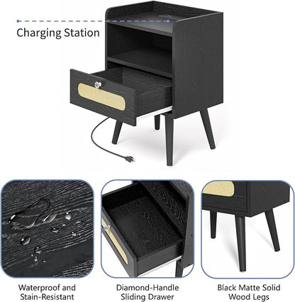 Diamond Décor End Table, Nightstand with Charging Station, Bedside Table with Solid Wood Legs, Black