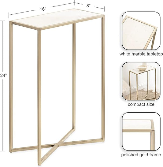 Kate and Laurel Jaspur Modern Slim Side Table, 16 x 8 x 24, White Marble and Gold, Decorative Glam Narrow End Table for Use as Narrow Bedroom Nightstand or Living Room Accent