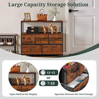 TV Stand, 5 Fabric Drawers Dresser Entertainment Center for TV up to 45 inch Wooden Media Console Table Storage Organizer with Open Shelf, for Living Room, Bedroom, or Small Space, Brown