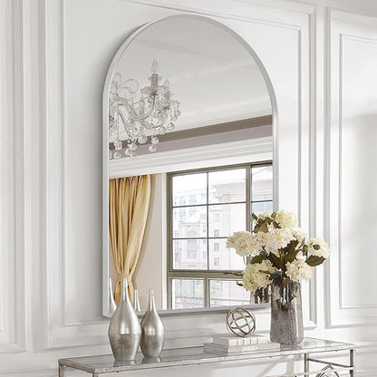 28" x 36" Silver Arched Mirror, Large Arch Bathroom Vanity Mirror, Modern Aluminum Alloy Metal Frame Arch Mirror for Living Room, Bedroom, Entryway, Tempered Glass, Shatter Proof, Anti-Rust