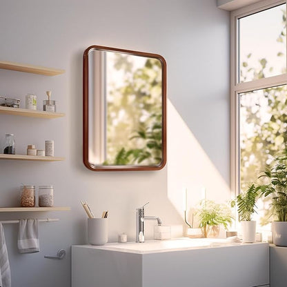 WallBeyond 18x24 Inch Wood Mirror for Bathroom, Wooden Frame Wall Mirror Farmhouse Wall Mounted Rectangle Mirror for Vanity (Horizontal/Vertical Walnut Color)