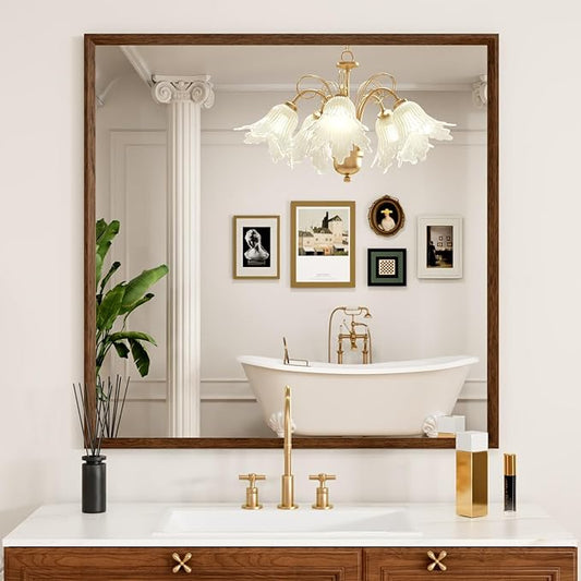 Rectangle Bathroom Mirror 40x36 Inch, Walnut Wood Grain Framed, Anti-Rust & 4mm Tempered Glass, Horizontal/Vertical Hanging Vanity Mirror for Bathroom & Bedroom