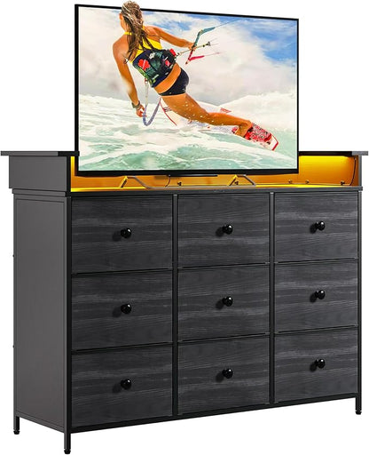Nicehill 9 Drawer Dresser for Bedroom, TV Stand for Bedroom, Black Dresser with LED Light, Fabric Chests of Drawers for Hallway Entryway (Black Wood Grian)