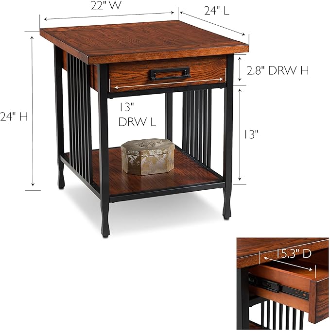 Leick Home Ironcraft Coffee Table, Solid Wood, 2 Drawers, 1 Display Shelf, Mission Oak, Black Steel, Easy Assembly, 46 in L x 22 in W x 20 in H, 11262