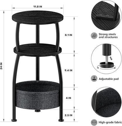 Small Round end Table for Living Room with Storage Basket –Small Space Saving End Table 3-Tier Accent Nightstand Couch Corner Table for Sofa, Bedroom, Patio and More 24in Tall Classic Black