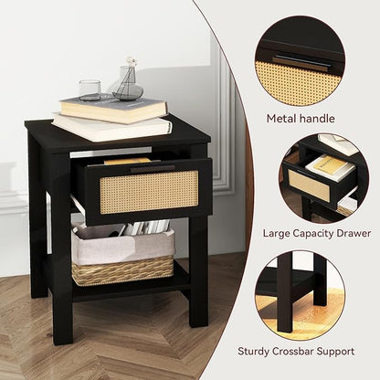 IBUYKE Rattan Nightstand Set of 2, Boho Night Stand with Drawer, Wood Bedside Tables with Storage Shelf, End Table with Legs for Bedroom, Black UWNS011B-2