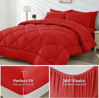 HEVUMYI Red Queen Comforter Set - 7-Piece All Season Bed in a Bag Queen, Ultra Soft Bedding Set with Comforter, Flat Sheet, Fitted Sheet, Pillowcases, Pillow Shams