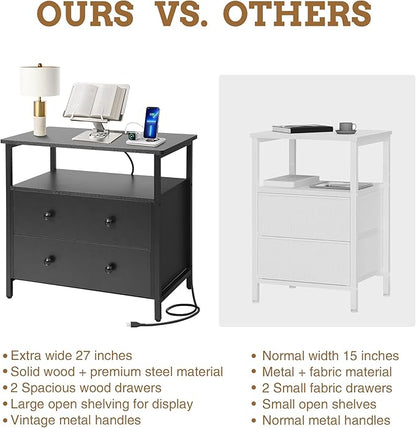 27 inch Wide Nightstand with Charging Station, Bedside Table with Open Shelf, 2 Drawers Small Wood Dresser, End Side Table for Bedroom (2 Pack,Black)
