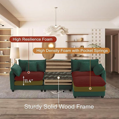 Furniliving 117‘’ L-Shaped Sofa, Luxury Corduroy Modular Sectional Couches with Ottoman, Upholstered Deep Seat Sleeper Sofa with Memory Foam and Waist Pillows, Green