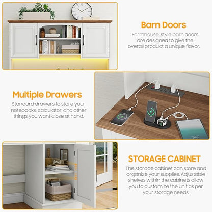 Farmhouse 47" Executive Desk with Hutch, 2 Drawers and LED Light, Computer Desk with Storage Cabinet and Charging Station,Workstation for Home Office and Study.Unique White