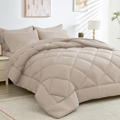 HEVUMYI Khaki Twin Comforter Set - 5-Piece All Season Bed in a Bag Twin, Ultra Soft Bedding Set with Comforter, Flat Sheet, Fitted Sheet, Pillowcases, Pillow Shams
