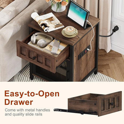 FATORRI End Table with Charging Station, Farmhouse Side Table with Drawer, Rustic Wood and Metal Nightstand and Bedside Tables for Living Room (Rustic Brown)