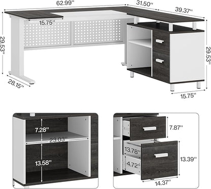 Tribesigns 63 Inch Executive Desk with File Cabinet, L Shaped Office Desk with Drawers and Storage Shelves, Business Furniture Set Workstation for Home Office, Gray and White