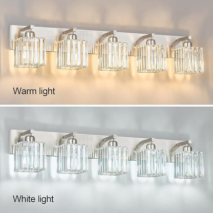 Modern Vanity Light 5-Lights Brushed Nickel Vanity Light Crystal Bathroom Wall Light Bathroom Light Fixtures