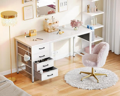 Casaottima 48-Inch Computer Desk with 4 Fabric Drawers — Home Office Desks with Storage, Writing Desk with Side Hook and Cloth Bag, Modern Study/Work Table for Bedroom and Small Space, White