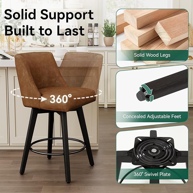 Vipbear Swivel Counter Height Bar Stools Set of 6,26.8" H Counter Stools with Back, Mid Century Modern Bar Stools for Kitchen Island,Faux Leather,Wooden Base, Brown
