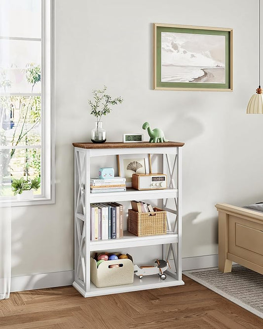 4-Tier Bookcase, 42.9" Floor Standing Organizer Shelf, Corner Book Stand, Metal Frame, for Study, Bedroom, Living Room, White and Walnut TSJ01WL