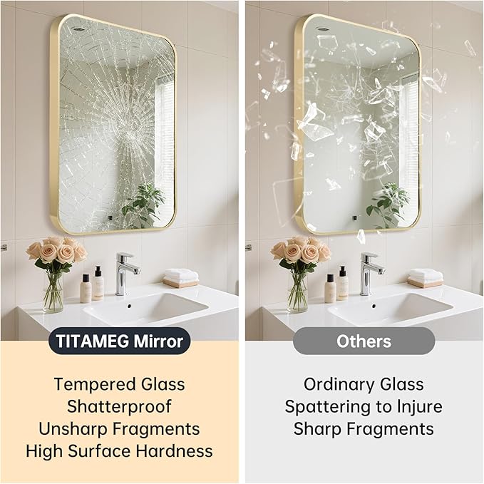 20x30 Inch Bathroom Mirror for Wall, Gold Framed Rectangle with Rounded Corner, Aluminum Alloy Brushed for Bedroom or Living Room, Vertical or Horizontal