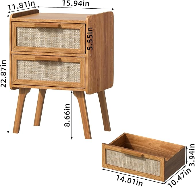 Lerliuo Rattan Nightstand, Boho Night Stand with 2 Drawers, Cane Accent Side End Table, Bedside Table with Solid Wood Legs for Bedroom, Dorm and Small Spaces (Tea Brown)