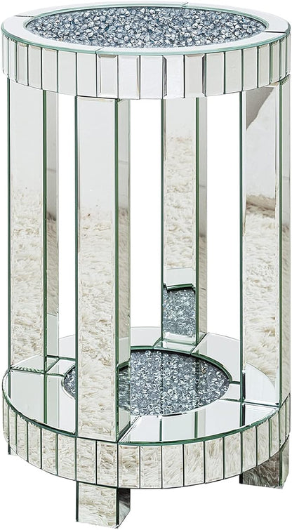 SHYFOY Mirrored End Table Round with Crystals Inlay, 2-Tier Modern Small Sofa Table with Storage, Silver Accent Table for Living Room, Bedroom, Coffee, and Small Spaces