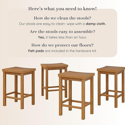 Grain & Grove Smith Collection Set of 4 Solid Wood Counter Height Bar Stools, 24-Inch Saddle Seat Backless Stools, Ideal for Kitchen Island, Dining, or Home Bar Seating, Pecan