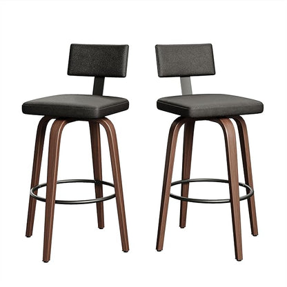IRONCK Counter Height Bar Stools Set of 2, 29'' Faux Leather Upholstered Barstools with Back, Footrest, Wood Texture Bent Legs, Mid-Century Modern 360° Swivel Bar Stools for Kitchen Island, Black
