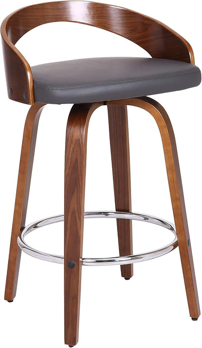 Armen Living Sonia 26" Counter Height Swivel Gray Faux Leather and Walnut Wood Bar Stool - Set of 3