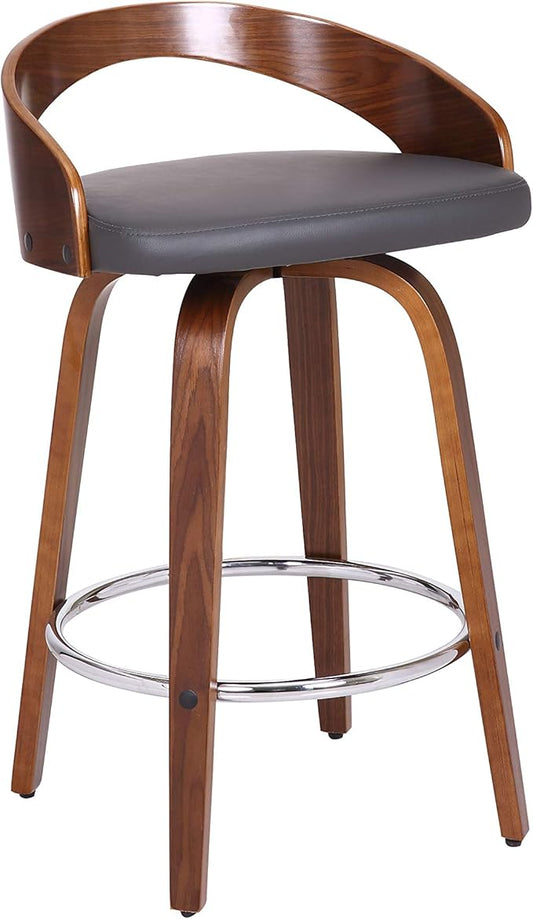 Armen Living Sonia 26" Counter Height Swivel Gray Faux Leather and Walnut Wood Bar Stool - Set of 3