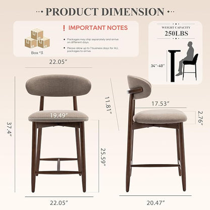 COLAMY Mid-Century Modern Upholstered Counter Height Bar Stools Set of 6, Kitchen Island Stools with Contoured Fabric Seat, Wood Legs, Camel
