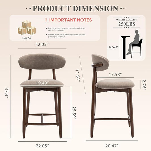 COLAMY Mid-Century Modern Upholstered Counter Height Bar Stools Set of 6, Kitchen Island Stools with Contoured Fabric Seat, Wood Legs, Camel