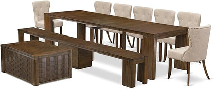 X07SI-BC8-04 - 10 Pieces Modern Dining Set contains an Extendable Rectangle Kitchen Table, 1 Coffee Table, 7 Dining Chairs and 1 Modern Bench, 39x120 Inch, Antique Walnut