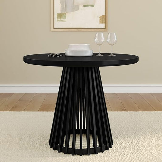 Plank+Beam Lido Round Dining Table, 38", Wooden, Pedestal, Minimalist Kitchen Table for 4 for Dining Room, Black