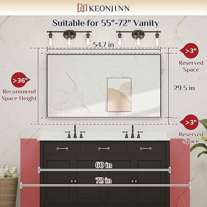 Keonjinn 55 x 30 In Brushed Nickel Bathroom Mirror for Wall, Rectangular Metal Framed Large Silver Vanity Mirror for Over Sink Square Corner Aluminum Alloy Modern Rectangle Mirror(Horizontal/Vertical)