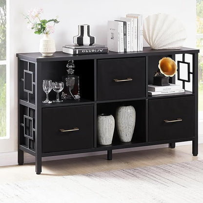 HOMISSUE 6 Cube Storage Organizer Shelf, Rustic Short Bookshelf with 3 Storage Bins, Industrial Horizontal Bookshelf with Metal Frame, Low and Wide Cube Bookcase for Living Room and Office, Black