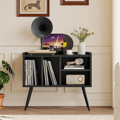 Record Player Stand with Vinyl Storage,Turntable Stand with Solid Wood Legs,Record Player Table Holds Up to 200 Albums,Vinyl Holder Storage Shelf for Bedroom Living Room,Black