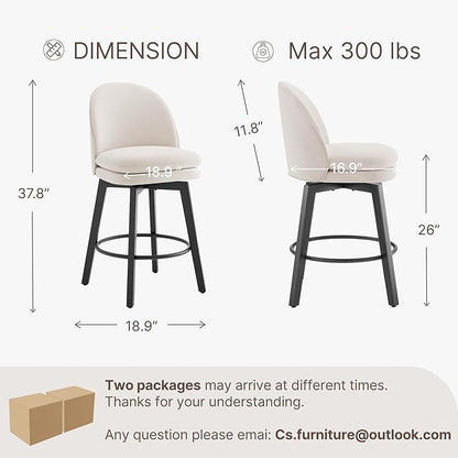 Counter Height Barstools 26 inch Upholstered Swivel Bar Stools with Back and Wood Legs for Kitchen Island,Set of 3,Beige Fabric-Armless