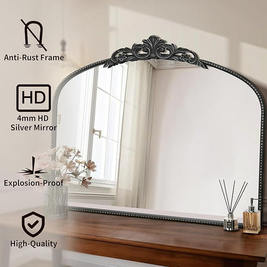 Micasso Black Large Vintage Mirror, 40"x 30" French Baroque Antique Arched Wall Mounted Mirror Decorative Ornate Entryway Mirror for Wall Decor, Living Room, Hallway