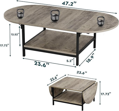 SAYGOER Folding Coffee Tables for Living Room 2-Tier Extended Coffee Table with Storage Vintage Farmhouse Center Table for Large or Small Spaces, Foldable, Gray Wash