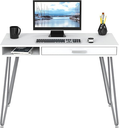SHW Home Office Computer Hairpin Leg Desk with Drawer, White