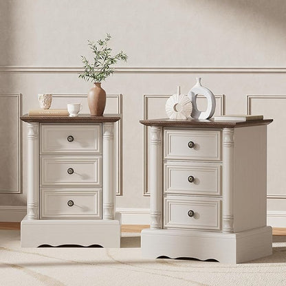 Nightstand with 3 Drawers, Rustic Night Stand 18' Wide Side Table with Storage, Mid-Century Modern Couch End Table with Vintage Handles, Small Dresser for Bedroom, Living Room, Antique White