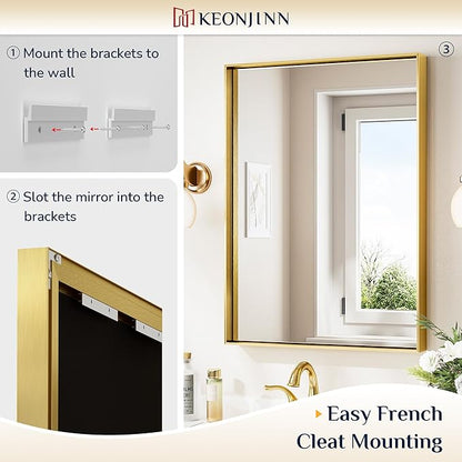 Keonjinn 24 x 32 In Brushed Gold Bathroom Mirror for Over Sink Shiny Gold Rectangle Wall Mirror Metal Framed Rectangular Farmhouse Mirror Modern Square Corner Framed Vanity Mirror(Horizontal/Vertical)