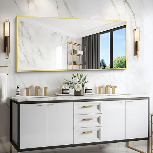 Gold Bathroom Mirror for Wall, 60x30 Inch Rectangle Mirrors with Metal Frame, Modern Vanity Wall Mirror Decor for Bathroom Living Room, Entryway Hangs Horizontal or Vertical