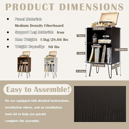 Record Player Stand with Vinyl Storage, Vinyl Record Storage Cabinet Holds Up to 150 Albums, End Table for Record Player, Turntable Stand with Record Storage for Living Room, Black