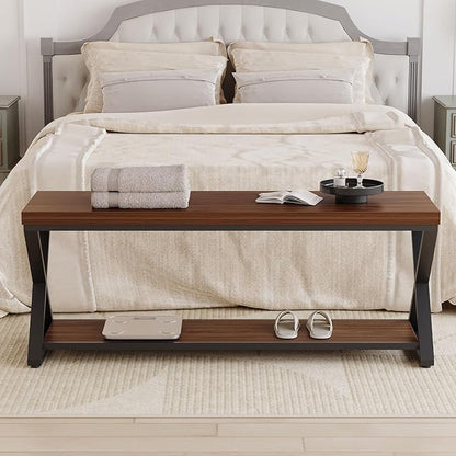 IBF Wood Entryway Bench Indoor, Industrial Wooden Metal Entry Shoe Storage Bench in Bedroom, Farmhouse Hallway Shoe Rack Bench Seating for Foyer Living Dining Room End of Bed, Walnut, 47 Inch