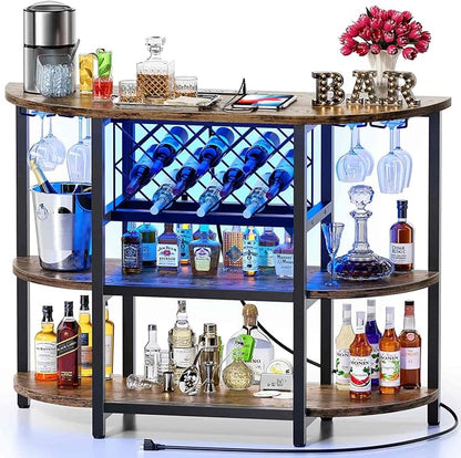 Zarler Bar Cart with Power Outlet Easy to Assemble, LED Home Bar Cabinet for Liquor, 47.3" L x 15.8" D x 36" H Metal Mini Bar Table with 4-Tier Storage, Brown