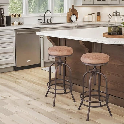 Diwhy Industrial Bar Stool-26-32 Inch Adjustable Swivel Metal PU Leather Seat Stool Bar Height Bar Stool with Footrest-for Kitchen, Dining Side Chair, Pub, Bistro, Set of 2, Copper